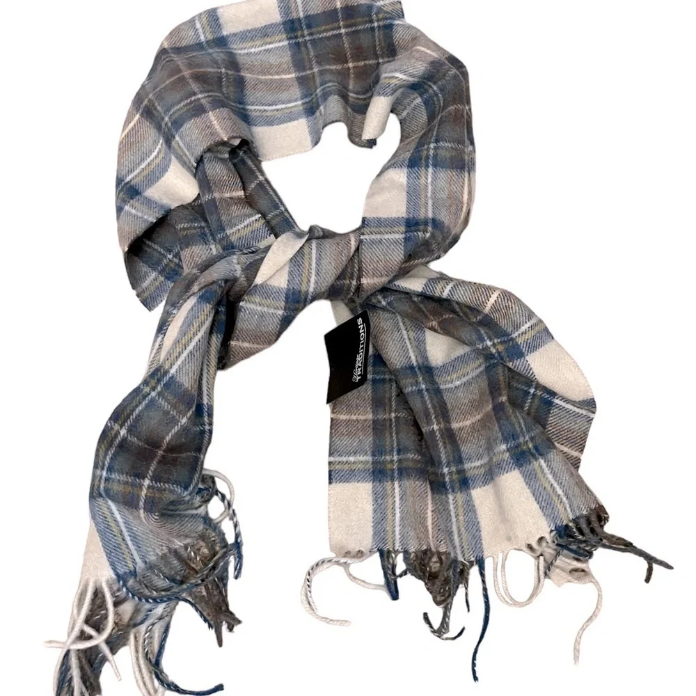 NWT! Heritage Traditions 100% wool muted blue & brown Dress Stewart plaid scarf